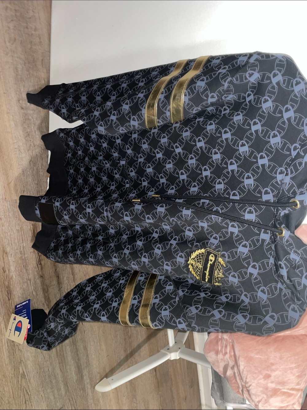 Champion Black Hoodie with Gray Monogram and Gold Stripes